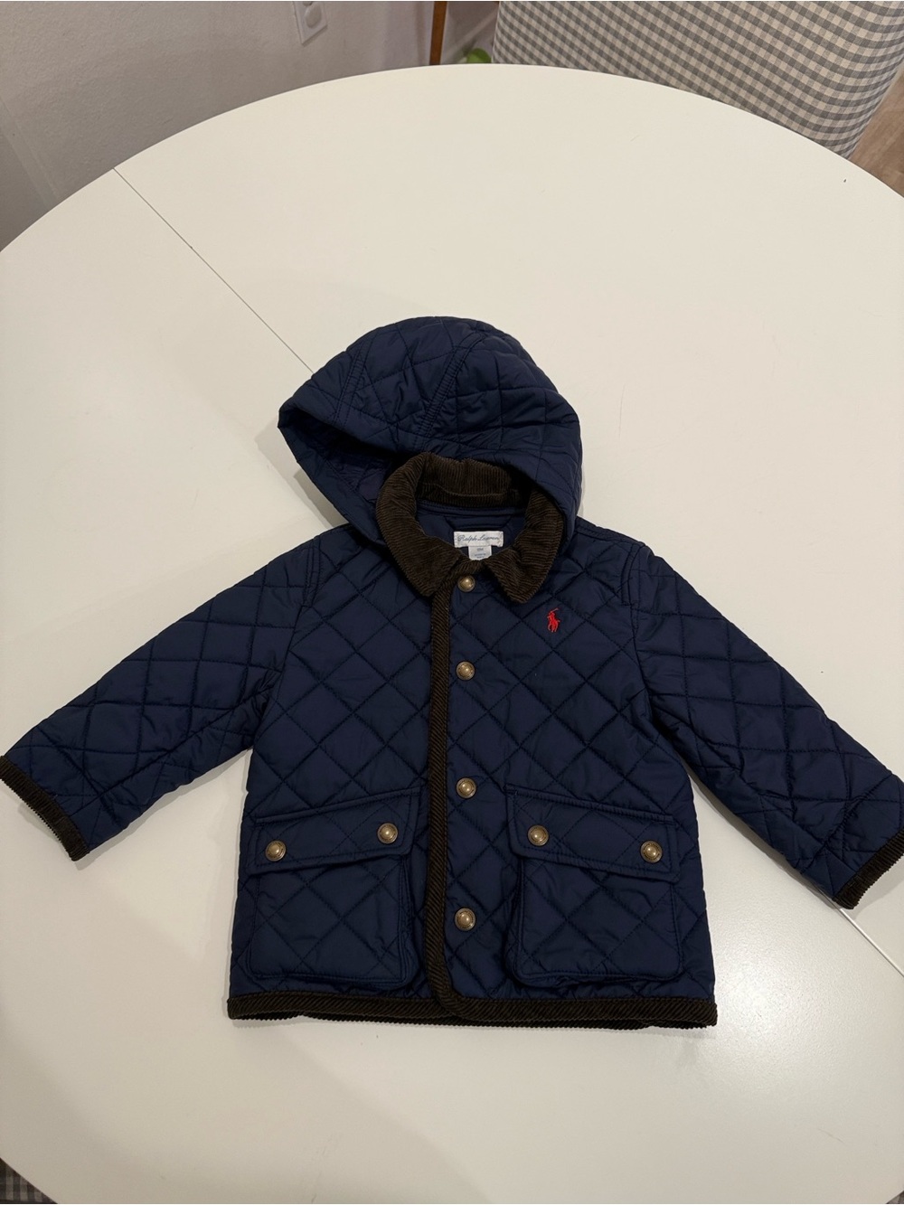 Ralph Lauren Navy Quilted Hooded Puffer Jacket with Brown Trim